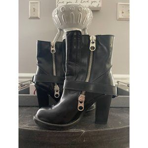 CHLOÉ Black Leather Mid Calf Buckle Zip Moto Boots - Size 38